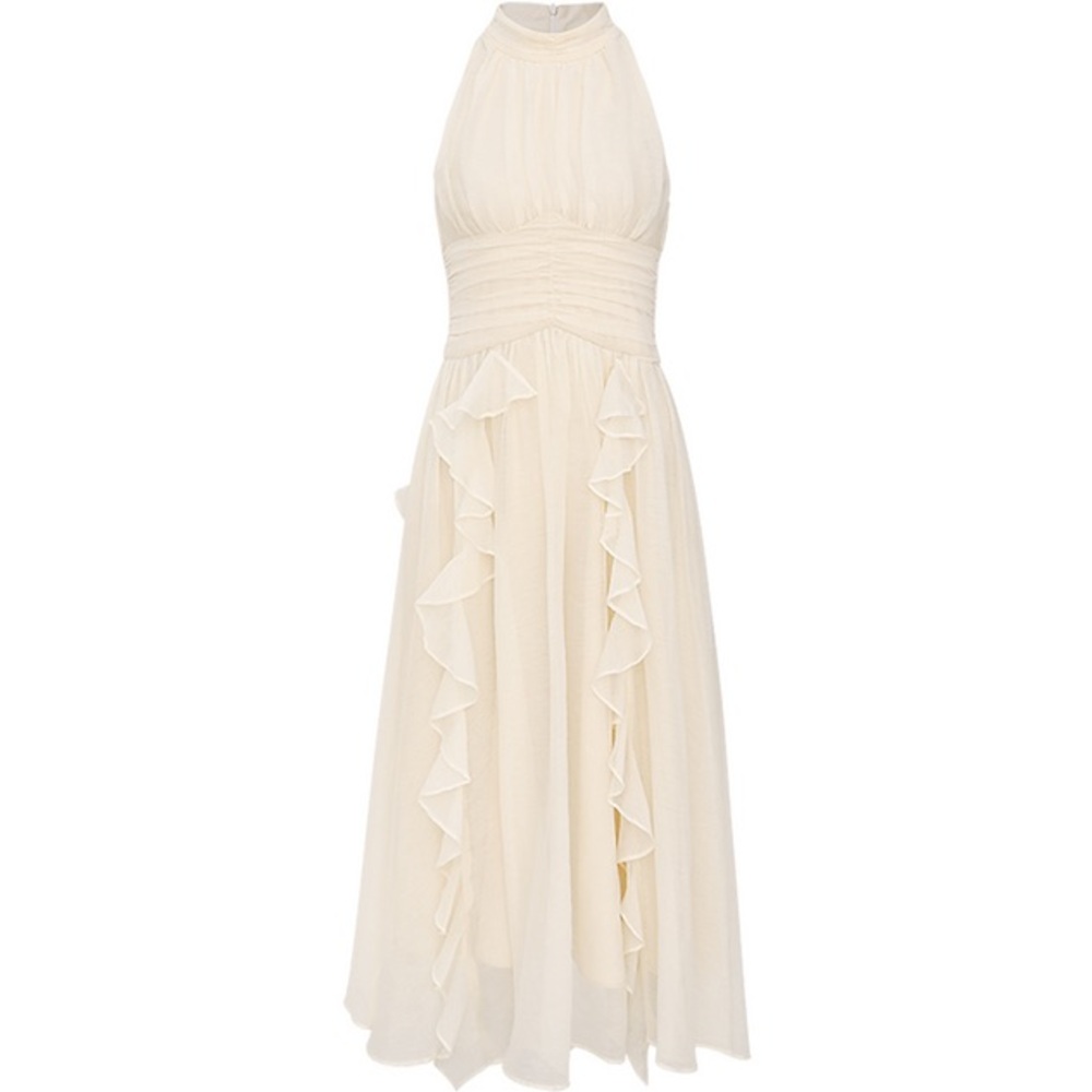sincethen Cream Ruffled Tiered Maxi Dress S – Romantic Halter, Flowy Skirt